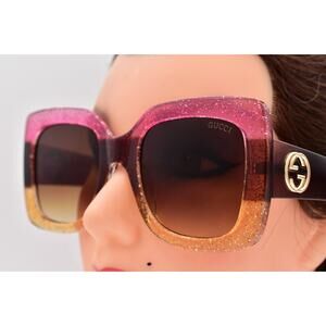 GUCCI GG0083S Pink Brown Glitter Women's Sunglasses Oversized Square Authentic
